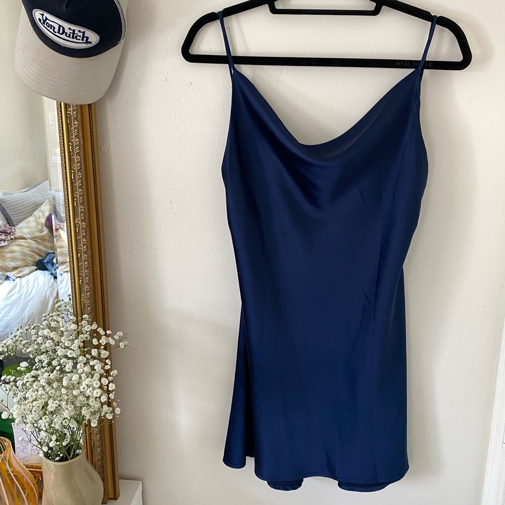 Princess Polly Navy Silk Cowl Neck Mini Dress